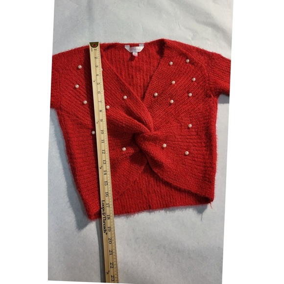 NoBoundaries Knitted Twist Sweater Pearl Embellished Red Cropped Pullover Size S - Picture 5 of 6